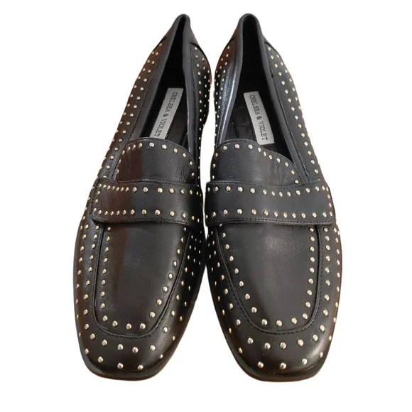 Chelsea & Violet Women’s Loafers Black Studded Leather Flats Size - Picture 1 of 8